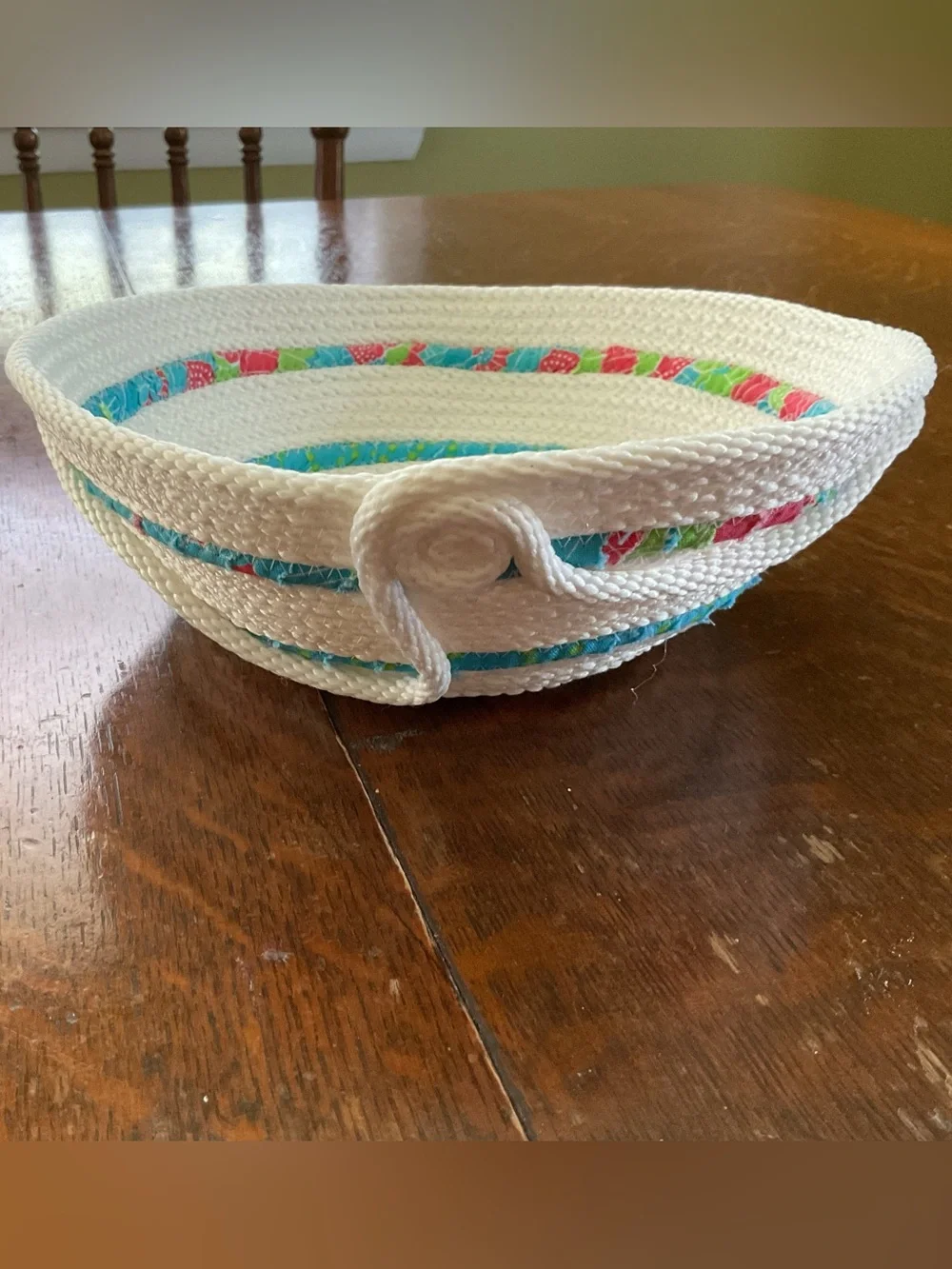 Handmade 9-Inch Coiled Rope Bowl – Bright Floral Fabric Wrap Accent (2.75